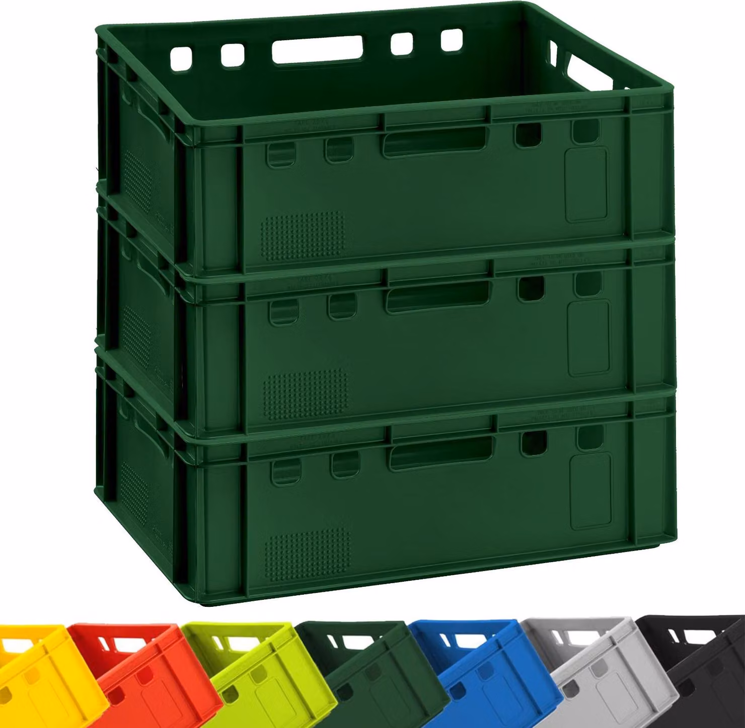 3 contenitori in plastica BURI, modello E2, colore verde scuro, dimensioni 60x40x20 cm. Contenitori per lo stoccaggio, per carne, per macellai, tipo Eurobox, prodotti in Germania, adatti al contatto con alimenti, robusti e impilabili