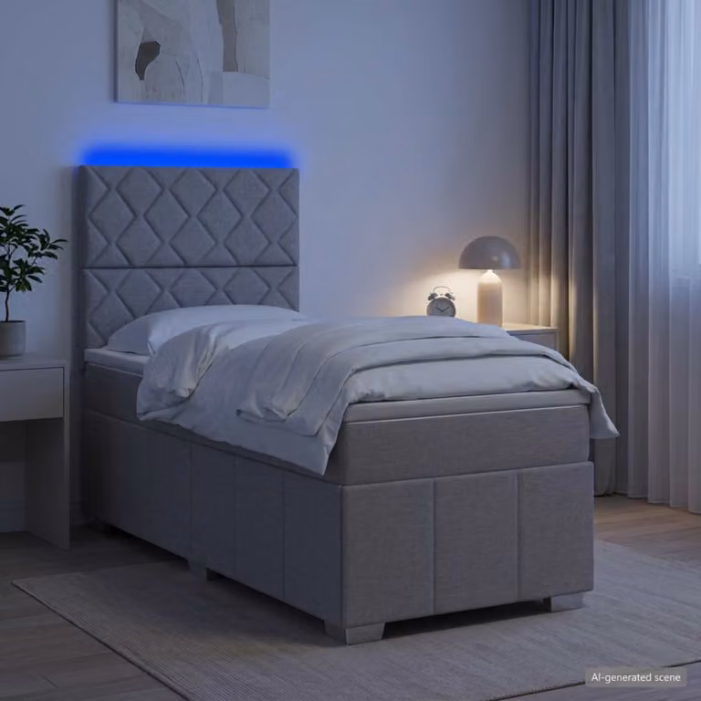 Letto Box Spring vidaXL con Materasso Grigio e Bianco, Illuminazione LED Sotto il Letto e Porta USB, L/P: 100 x 200 cm