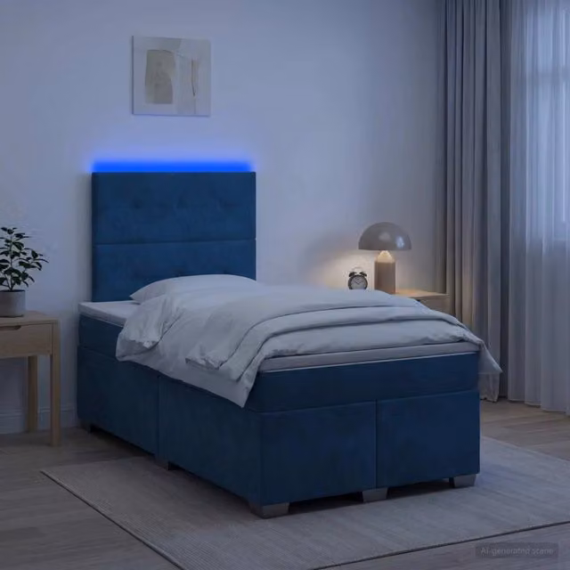 Letto box spring con materasso vidaXL in velluto blu con base a sollevamento, illuminazione sottostante e porta USB, L 120 x P 200 cm – 1