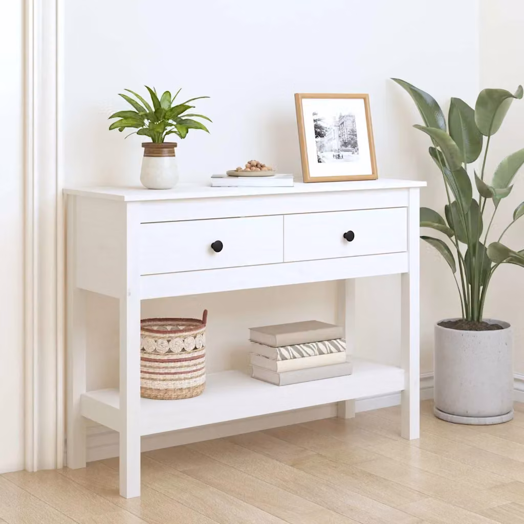 vidaXL Tavolo Consolle Bianco in Legno Massello di Pino L: 100 cm, P: 35 cm, H: 75 cm