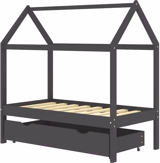 Letto Infantile Giroletto per Bambini in Pino Massello con Cassetti Grigio Design Minimalista L/P/H: 140 x 70 x 77 cm