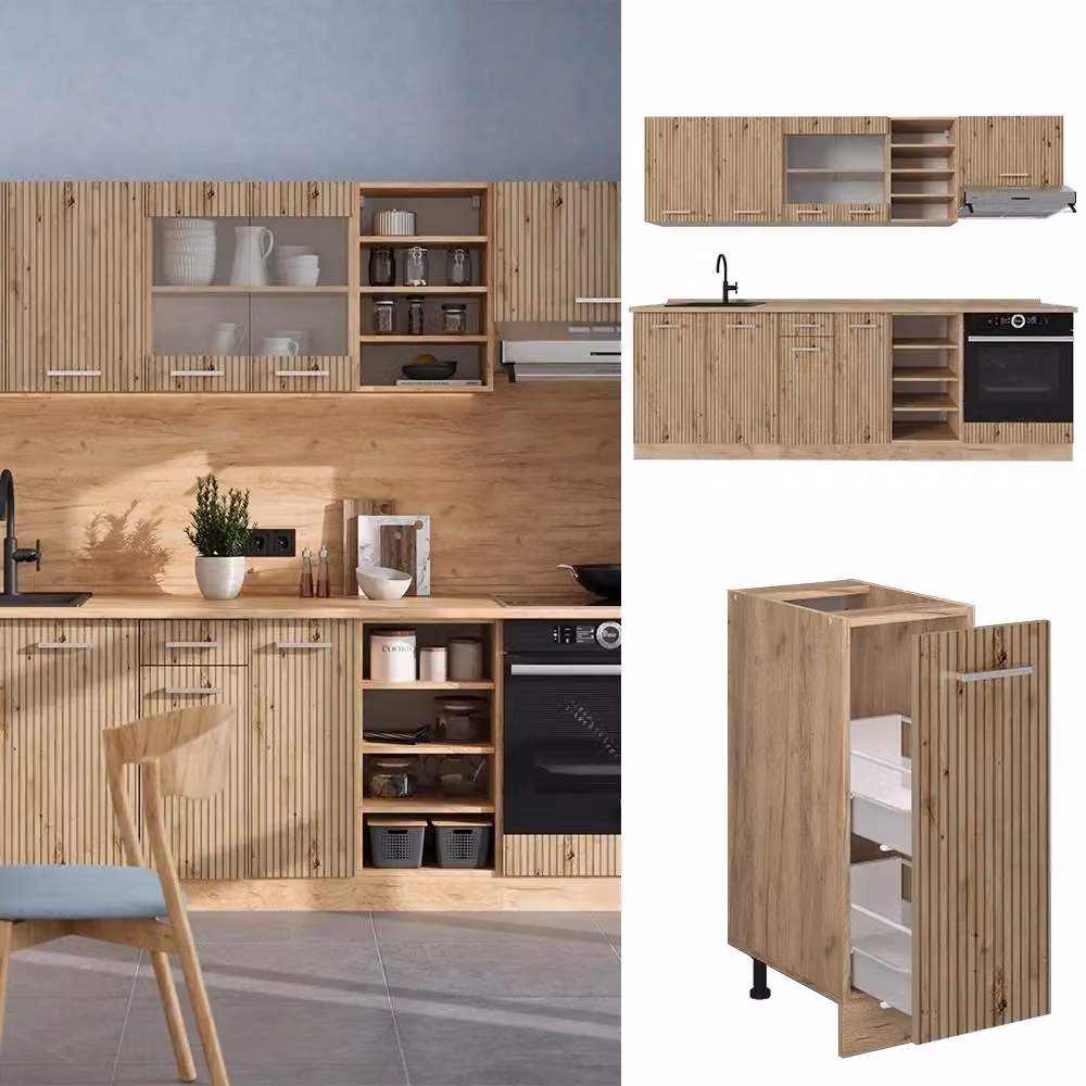 Cucina componibile moderna Vicco R-Line in rovere con piano in marmo, L: 240 cm – 2
