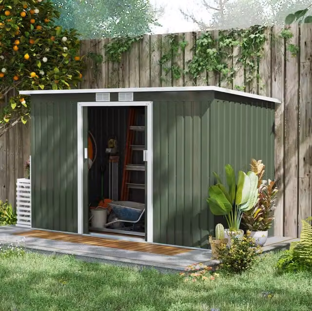 Casetta da giardino ULEVR in acciaio verde chiaro con 3,2 m2 di spazio, griglie di ventilazione e telaio di base
