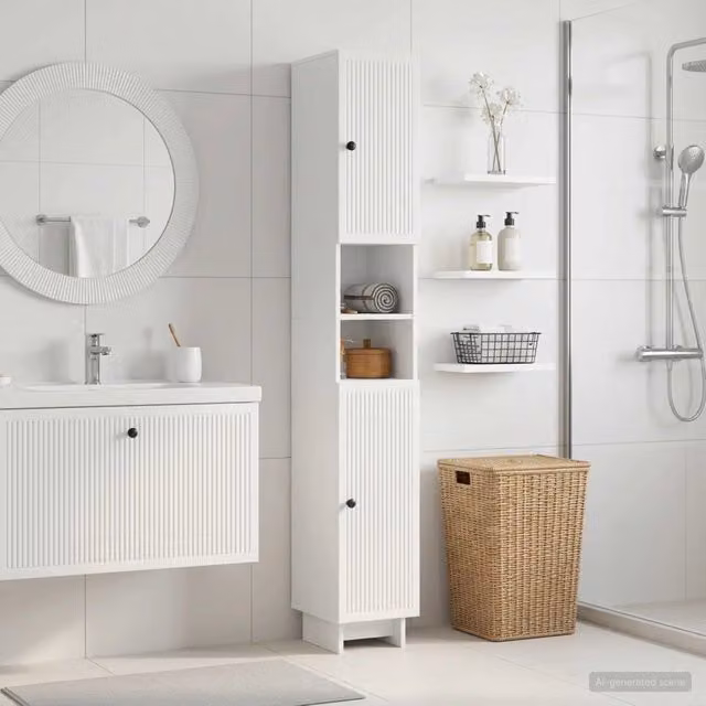 Armadio da bagno moderno vidaXL bianco lucido con ripiani interni e scaffale aperto