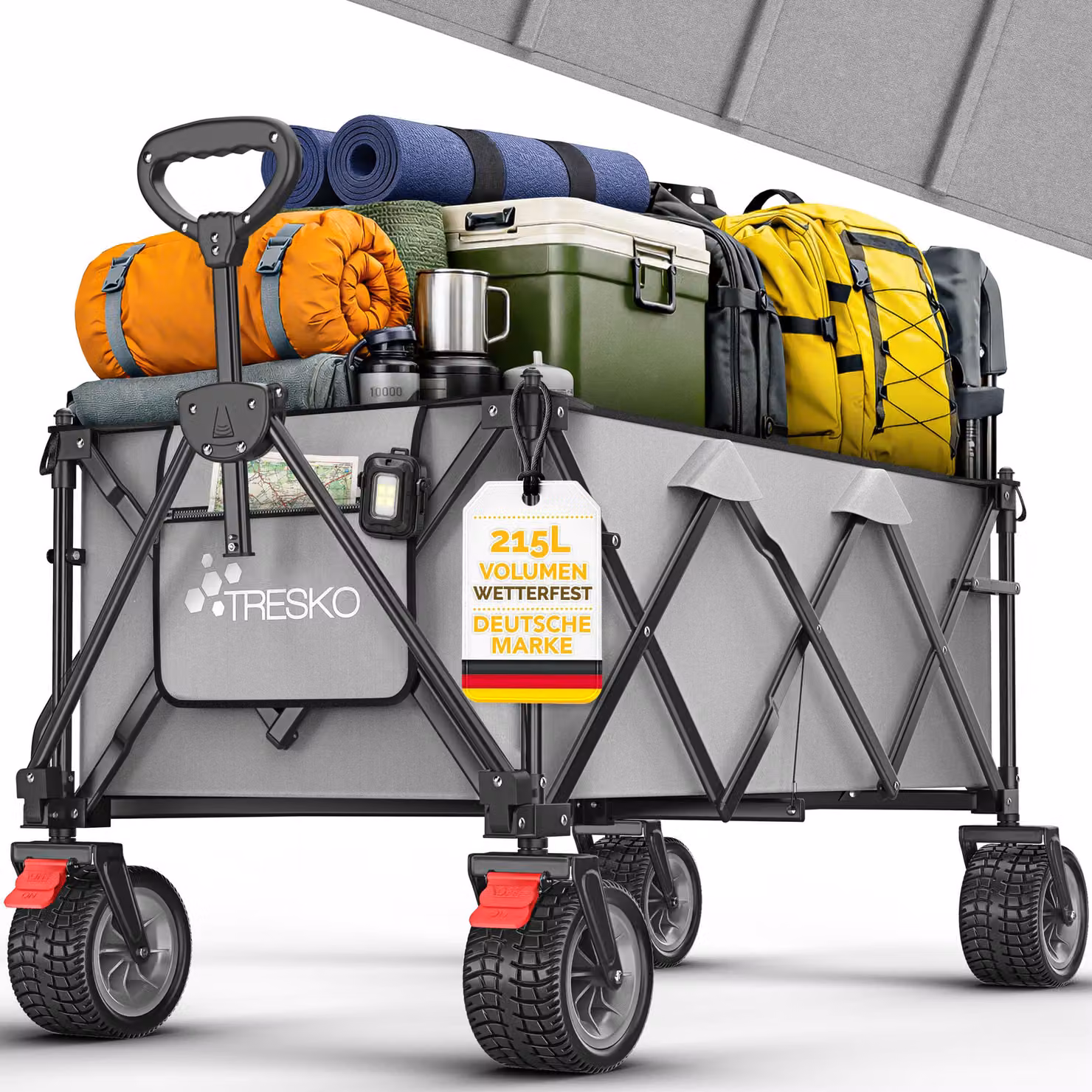 Carrello pieghevole TRESKO® da 215 litri con freno | Carrello pieghevole da 150 kg con ruote in gomma piena | Carrello da spiaggia pieghevole con ruote fuoristrada extra larghe | Carrello da trasporto con borsa per il trasporto