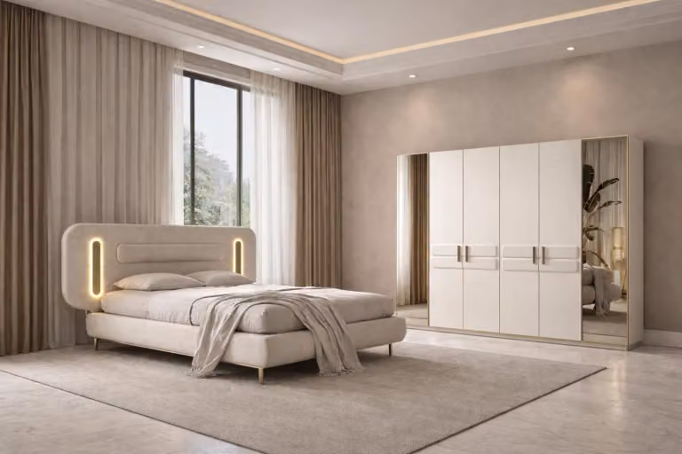Set da camera da letto beige: un comodo letto imbottito e un elegante armadio