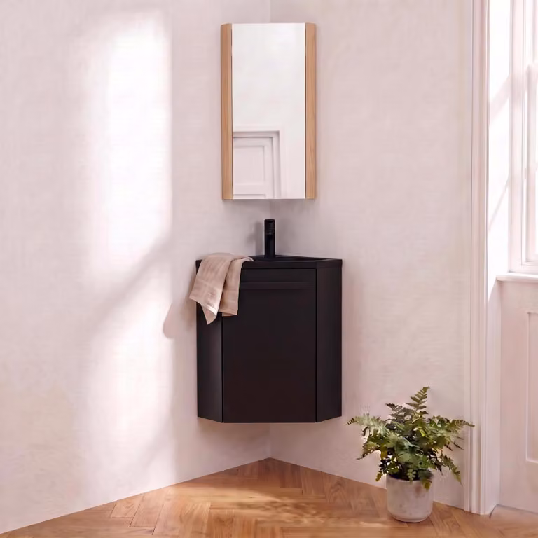 Set lavabo angolare SKINO con rubinetto e mobiletto
