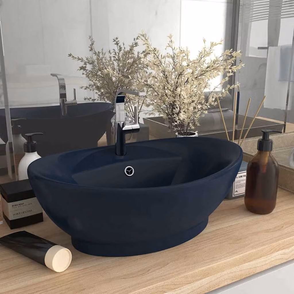 Lavabo ovale con troppopieno in ceramica vidaXL Blu Scuro Opaco L: 58,5 cm, P: 39 cm – 1