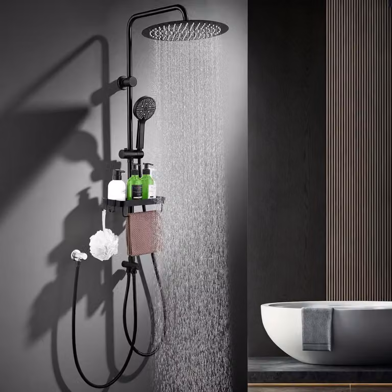 Doccia a soffitto nera con diametro di 30 cm e soffione e doccetta manuale a 5 funzioni