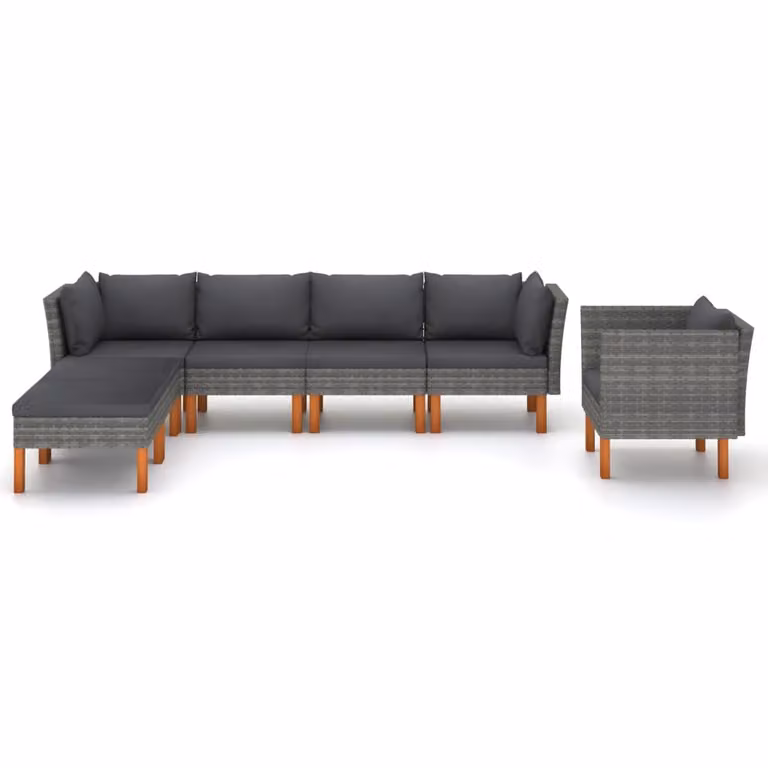 set 7 pezzi da giardino in poly rattan e legno di eucalipto grigio