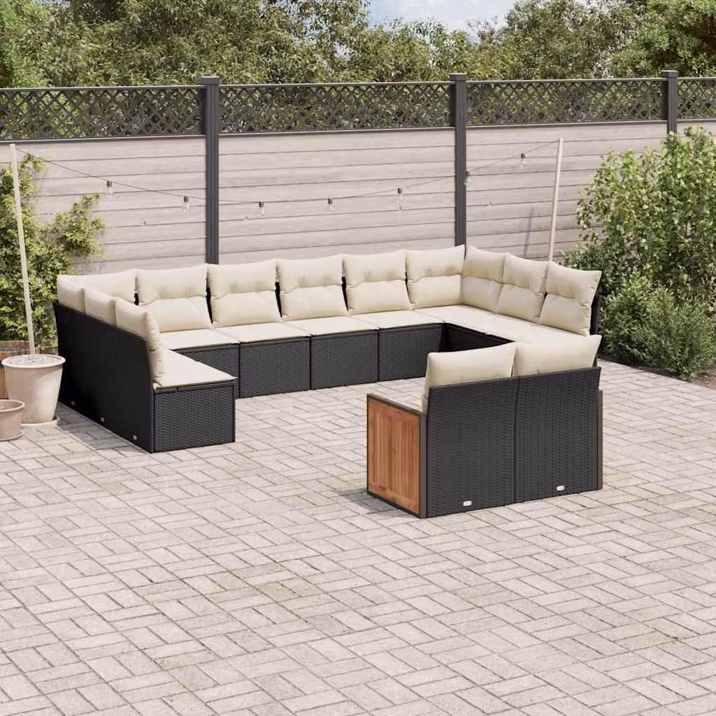 Set di Divani da Giardino vidaXL a Forma di U con Cuscini, Nero e Bianco, in Polyrattan e Legno di Acacia – 1