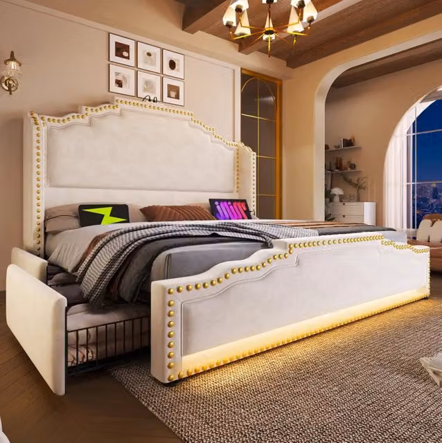 Letto matrimoniale beige 160x200 in velluto con LED, USB-C e 4 cassetti