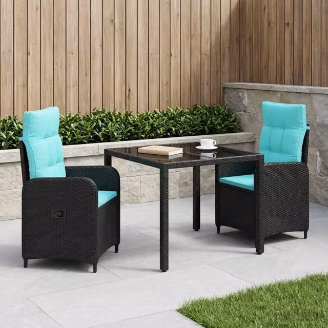 Set da pranzo per esterni moderno vidaXL in polyrattan nero con tavolo rettangolare in vetro