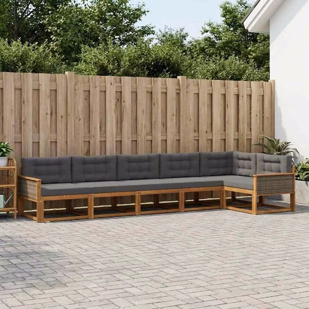 vidaXL Set di divani da esterno a L in legno di acacia con pouf e cuscini, Beige e Antracite