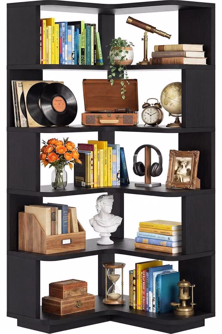 Scaffale angolare a 5 ripiani, libreria in legno a forma di L, dimensioni 60x60x162 cm, colore nero
