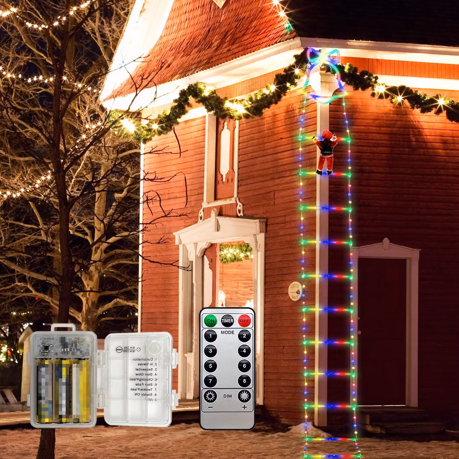 Catena luminosa a LED, lunghezza 3,3 metri, 218 luci, decorazione con Babbo Natale che scende, multicolore