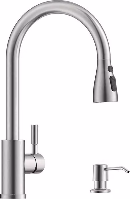 Apparecchio da cucina con dispenser sapone, rubinetto da cucina estraibile ad alta pressione, rubinetto da cucina con dispenser sapone, rubinetto da cucina a un giro con 3 tipi di getto | In acciaio inossidabile sbalzato