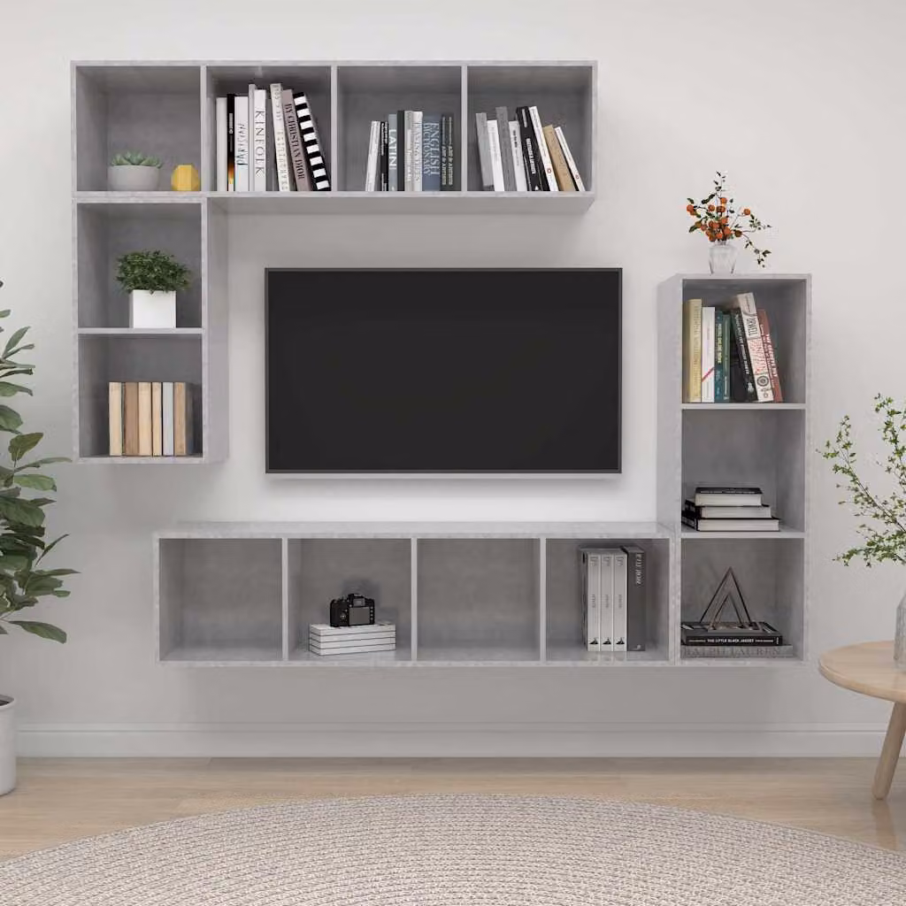 Set di mobili porta TV moderno vidaXL in 4 pezzi, colore grigio cemento, realizzato in legno e MDF per il tuo soggiorno