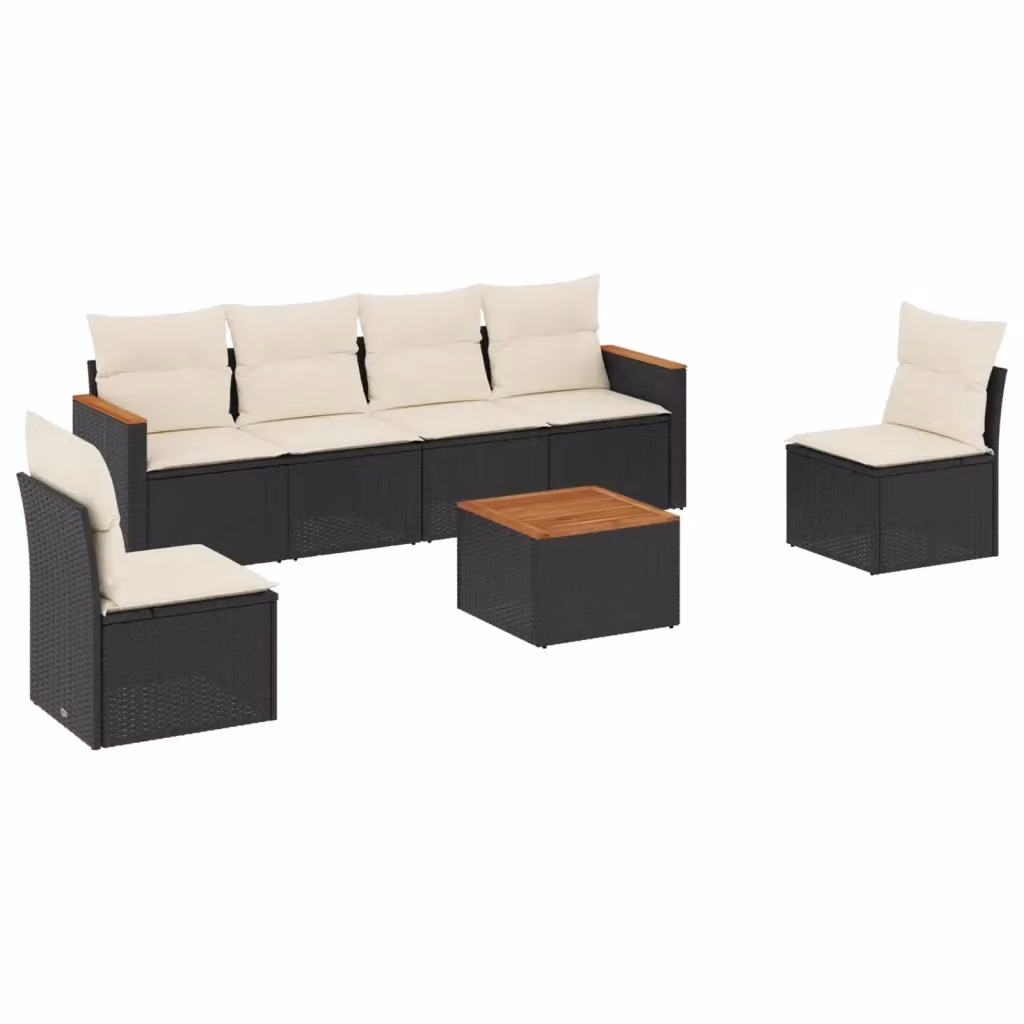 Set da giardino vidaXL composto da 7 pezzi con divano a 3 posti, poltrone lounge, tavolino da caffè e cuscini bianchi e neri in rattan e metallo – 2