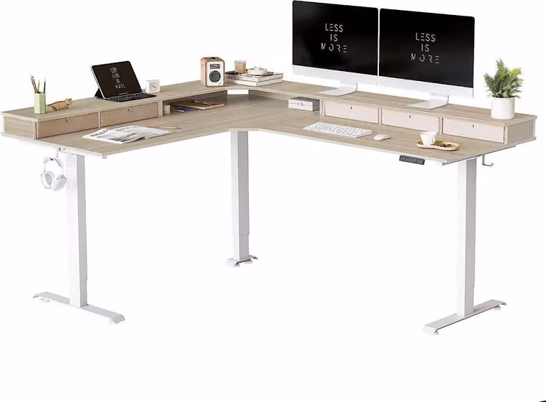 FEZIBO Scrivania a tre motori 190x160 cm a L regolabile in altezza scrivania elettrica ad angolo bianco/noce chiaro