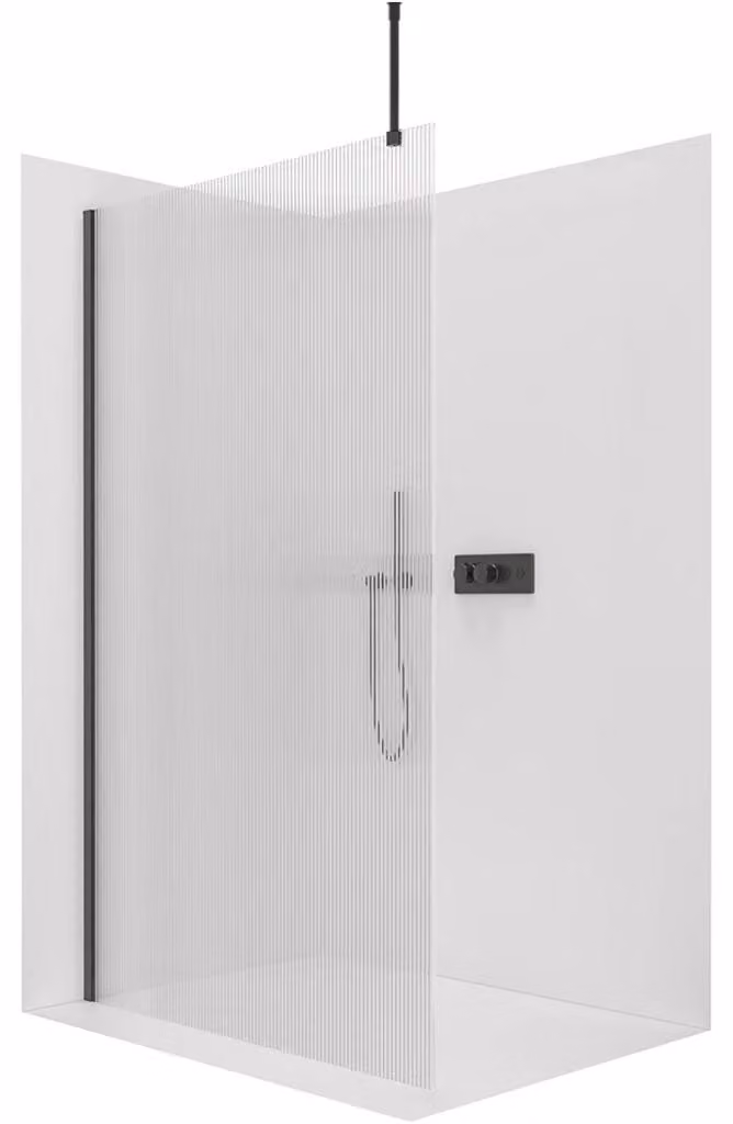 Pannello doccia angolare Walk-in Onyx Top Round, 8 mm, montaggio a sinistra/destra, colonna rotonda, finitura nera opaca, vetro smerigliato, dimensioni 160x200 cm
