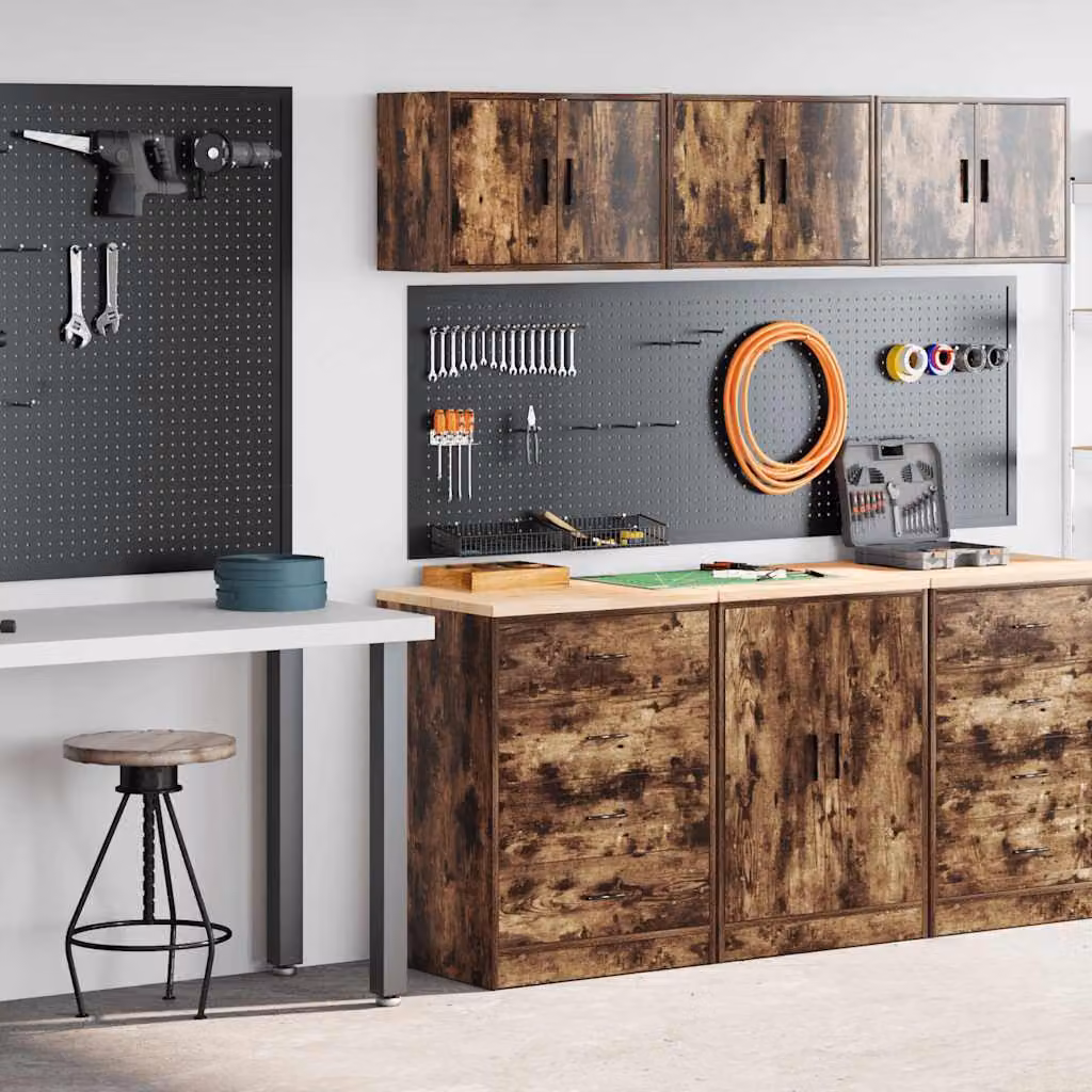 Set di 2 armadi da garage vidaXL in legno multistrato e MDF colore marrone con ante a battente e ripiani interni per uso interno o giardino