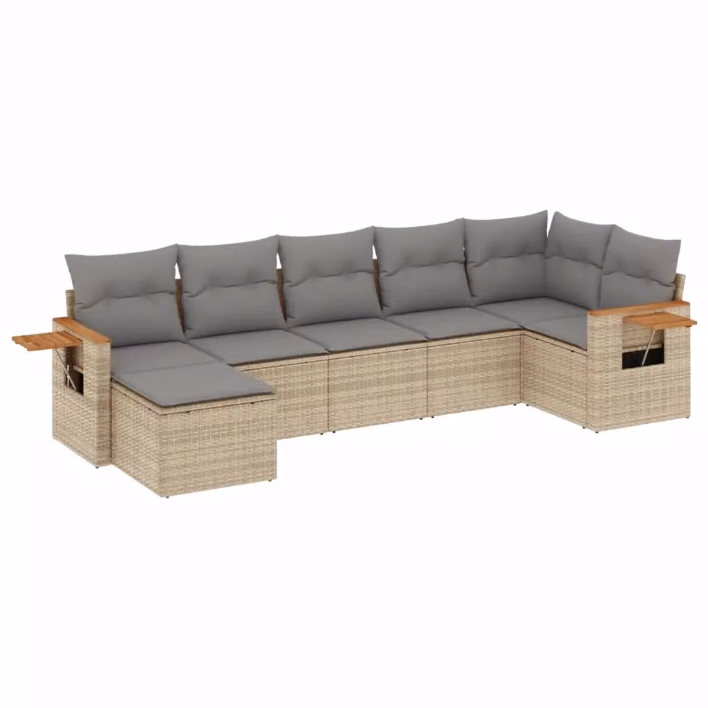 vidaXL Set Divani da Giardino 7 pz a L in Polyrattan con Cuscini Beige e Tavolino da Esterno – 2