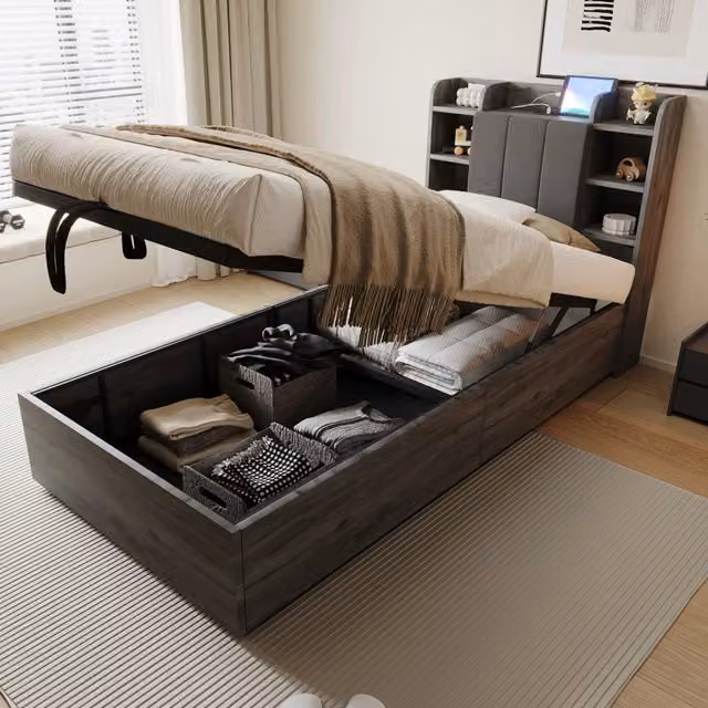 Letto singolo OKWISH con contenitore idraulico, ripiani e porte USB e Tipo C, colore grigio, L/P: 90 x 200 cm