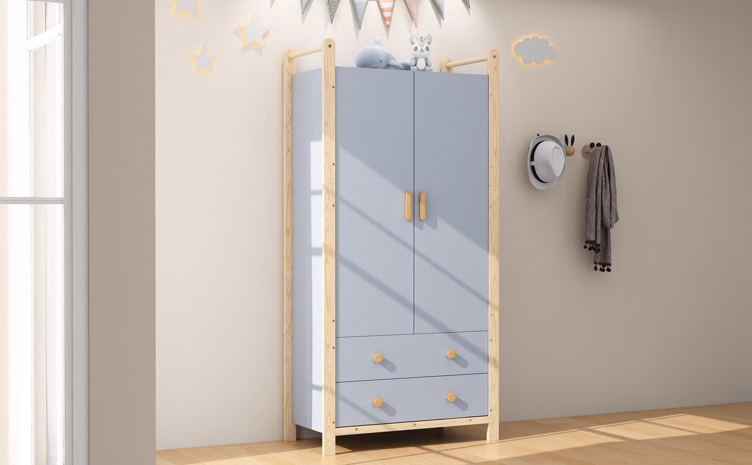 Armadio a due ante, con barra appendiabiti, dotato di 2 cassetti, adatto per camere da letto, soggiorni o come armadio nell'ingresso, realizzato in pannello di particelle di legno