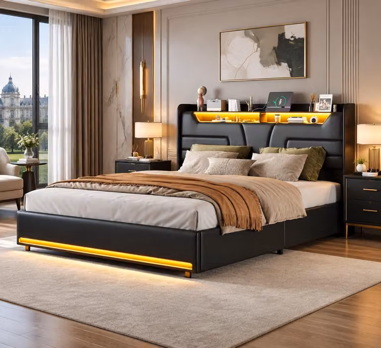 Letto idraulico INONEFT, 160 x 200 cm, letto per adulti, letto imbottito con LED e USB, letto matrimoniale con spazio contenitore e rete a doghe, in PU, colore nero