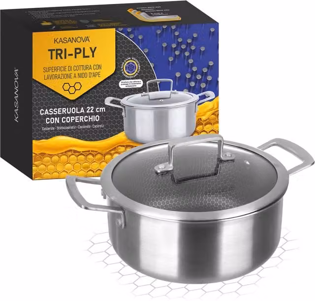 Casseruola Kasanova in acciaio inox e alluminio con coperchio in vetro, diametro: 22 cm, colore argento