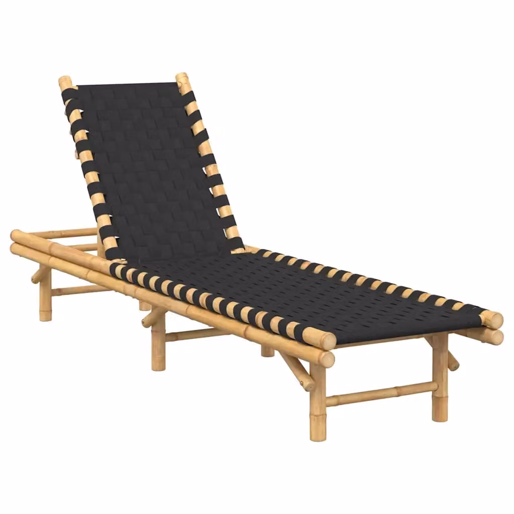 Lettino prendisole vidaXL in legno di bambù con fettuccia intrecciata nera e marrone, poggiatesta regolabile, L 200 x P 55 x H 30 cm – 2
