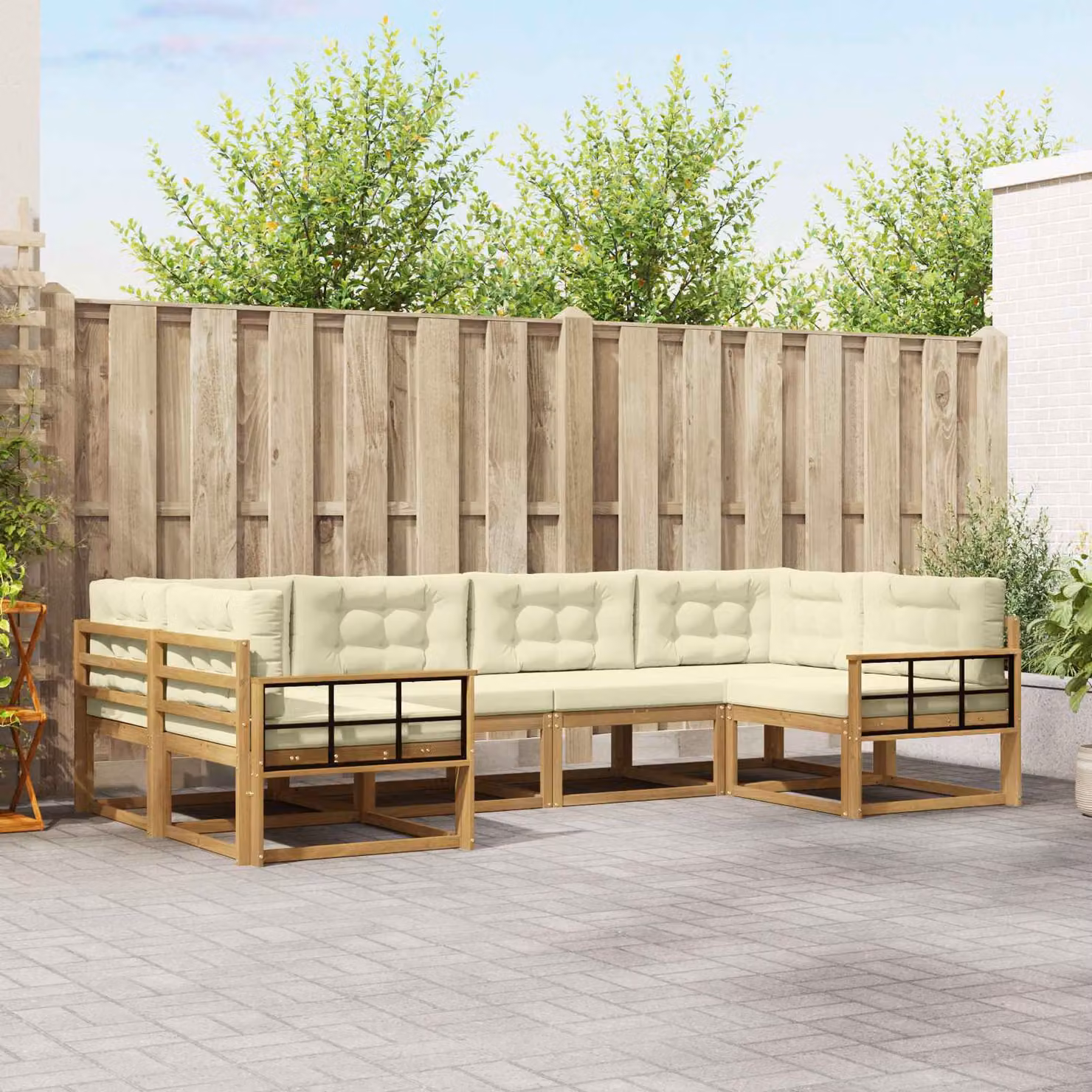 vidaXL Set di divani da esterno a L in legno di acacia con cuscini, Bianco e Beige