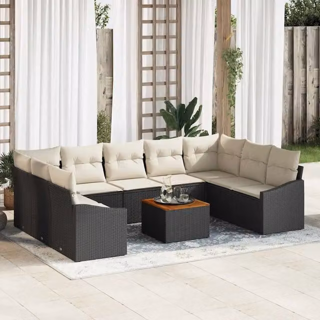 Set Divano da Giardino 10 pz Nero e Crema polyrattan 3356542