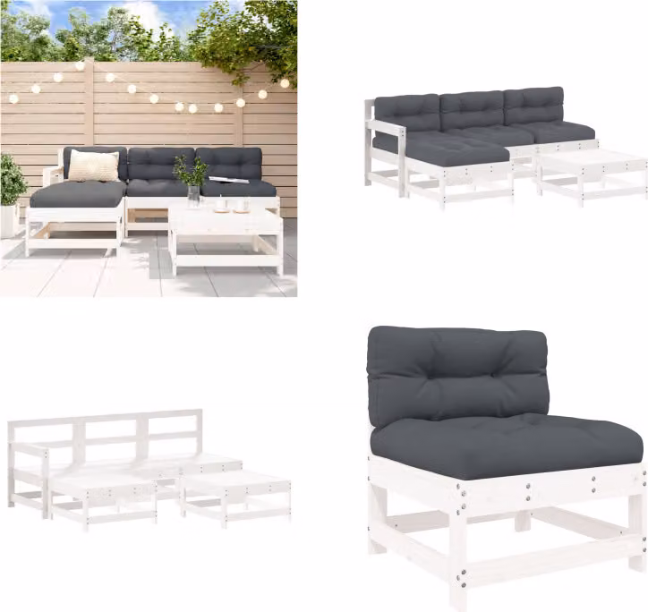 vidaXL Set da salotto da giardino 5 pezzi con cuscini in legno massiccio bianco - Set da salotto da giardino - Set da salotto - Set da salotto da esterno