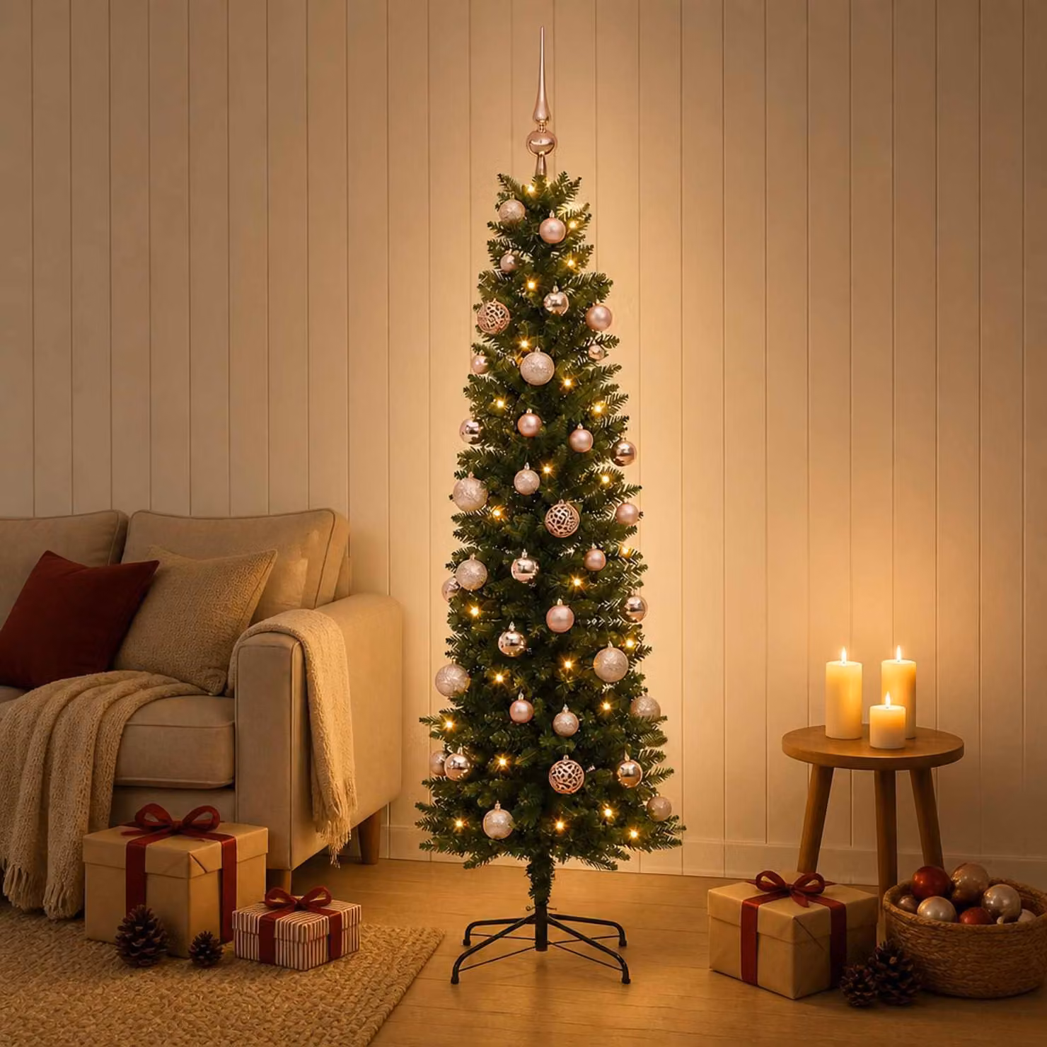Albero di Natale artificiale, sottile, con decorazioni a forma di pallina, altezza 150 cm