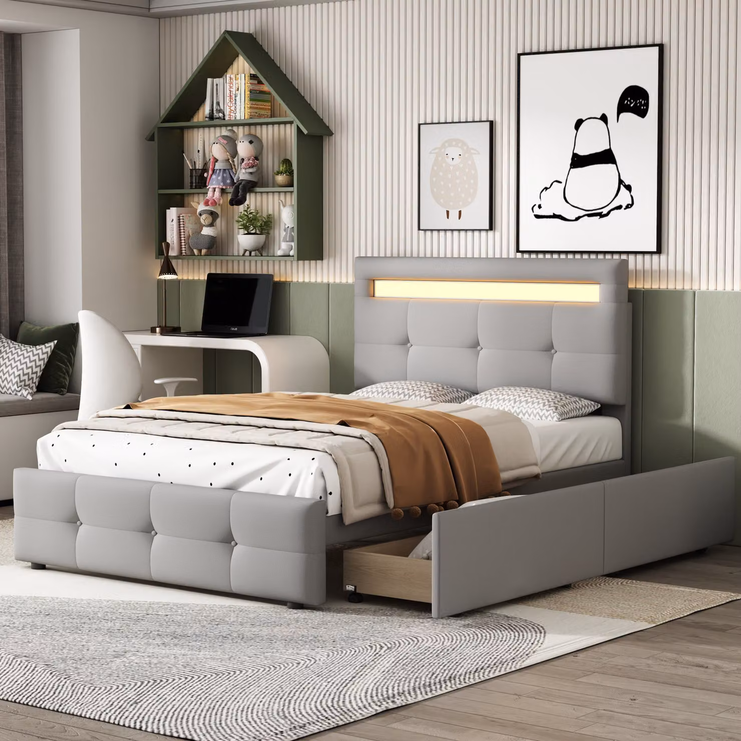 Letto imbottito Sweiko, testata regolabile con luce LED, letto singolo con 2 cassetti, biancheria, 90*200cm