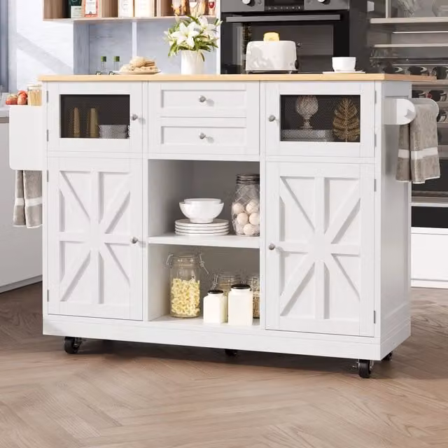 Carrello da cucina moderno REDOM in MDF bianco, L/P/H: 140 x 70 x 93,5 cm