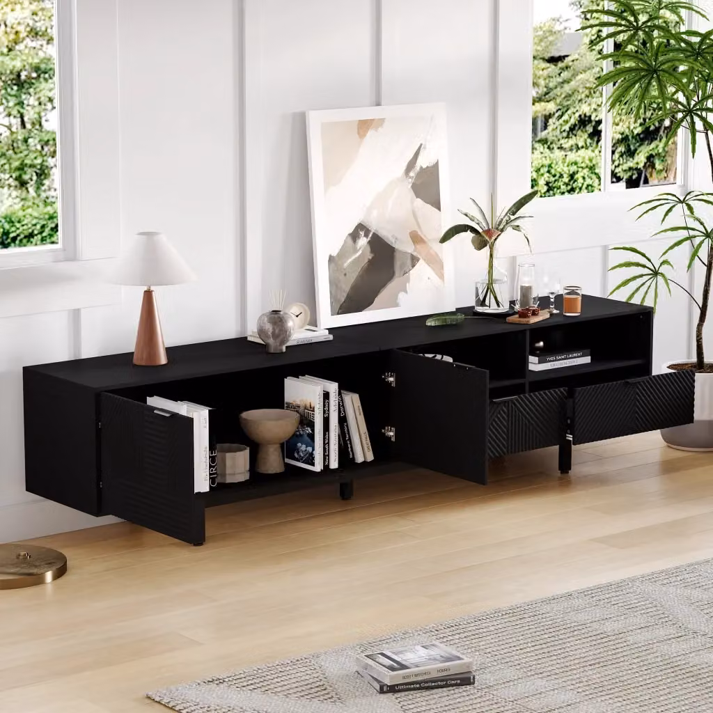 Mobile TV moderno WISHDOR in legno e metallo con passacavi e spazio contenitivo, L: 200 cm, P: 40 cm, H: 51 cm – 2