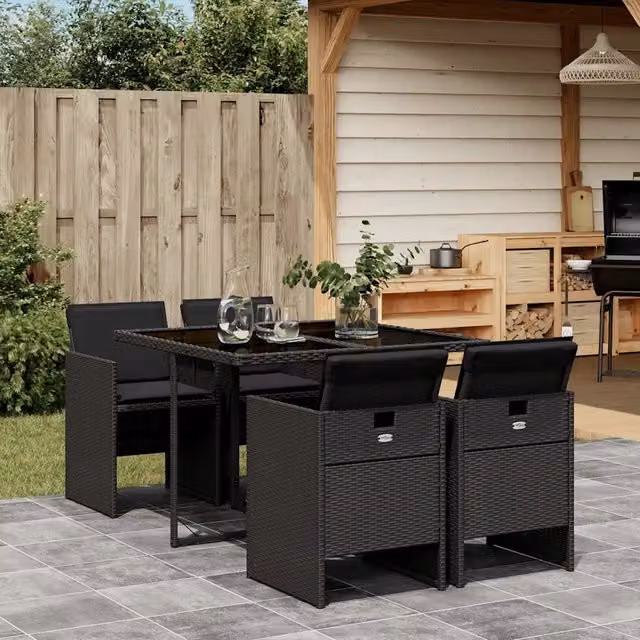 Set da Pranzo da Giardino 5 pz Nero con Cuscini in Polyrattan 3210535