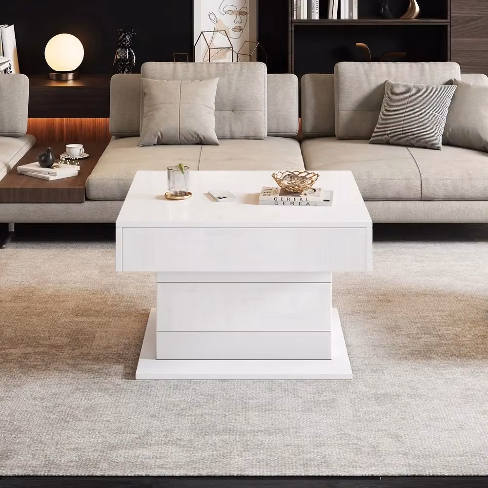 Tavolino da caffè MINIMAL con piano girevole e meccanismo sollevabile bianco lucido L/P/H: 70 x 70 x 45 cm – 2