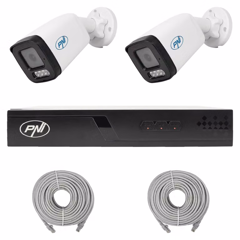 Kit di videosorveglianza PNI House IP710J, composto da un registratore NVR POE e due telecamere PNI IP515J da 5 MP