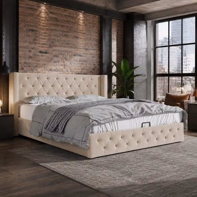 Letto contenitore imbottito in velluto beige 160x200 cm con rete a doghe