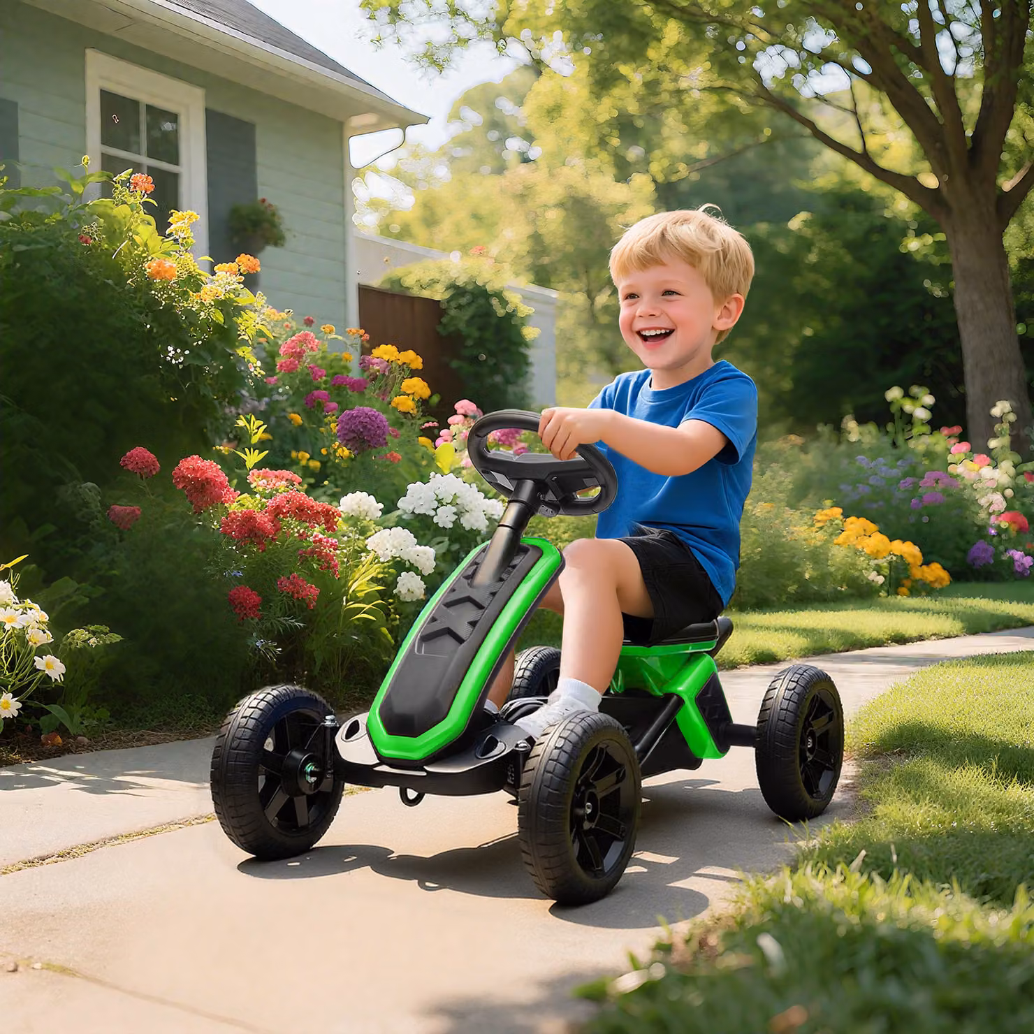 Kart a Pedali AIYAPLAY Aosom con Ruote Antiscivolo in EVA e Telaio in Metallo, Verde, Portata 30 kg – 2