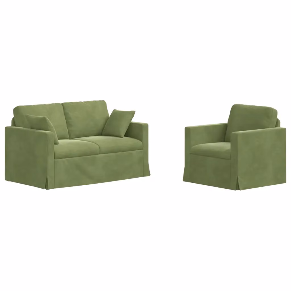 Set di 2 divani moderni vidaXL in velluto verde chiaro con struttura in metallo e cuscini inclusi L: 138 cm, P: 78 cm, H: 80 cm – 2