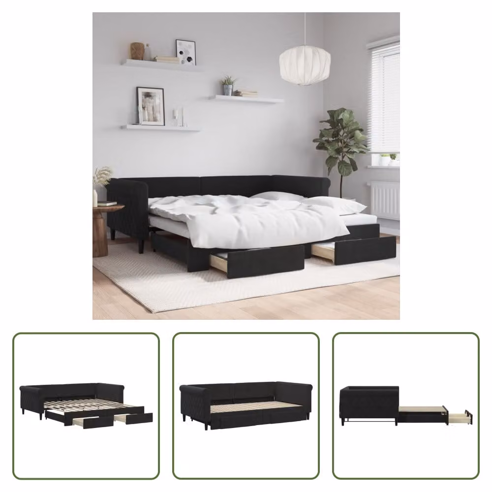 The Living Store Letto da giorno allungabile con cassetti nero 100x200 cm in velluto