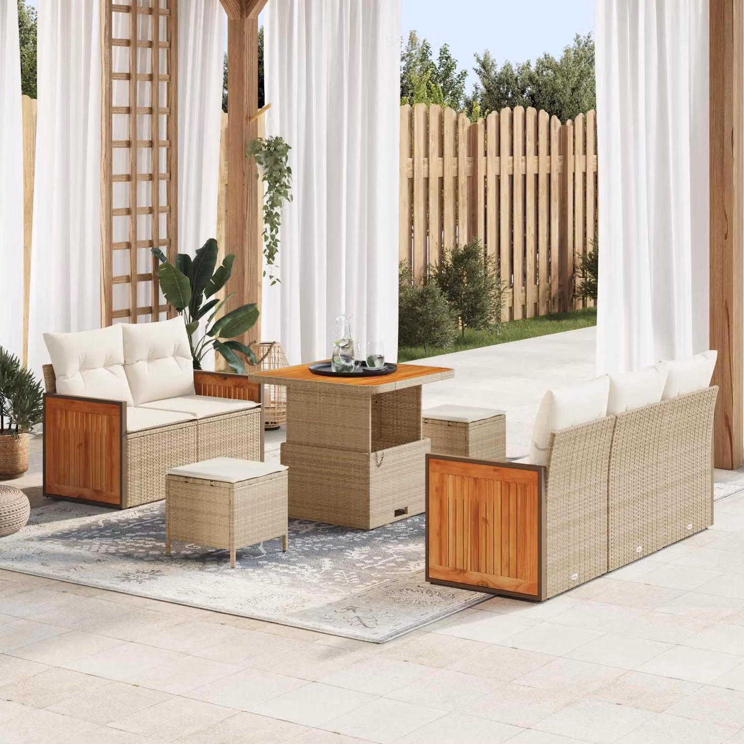 Set Divano da Giardino vidaXL 8 Posti a Forma a U con Tavolino e Pouf Beige e Bianco – 1