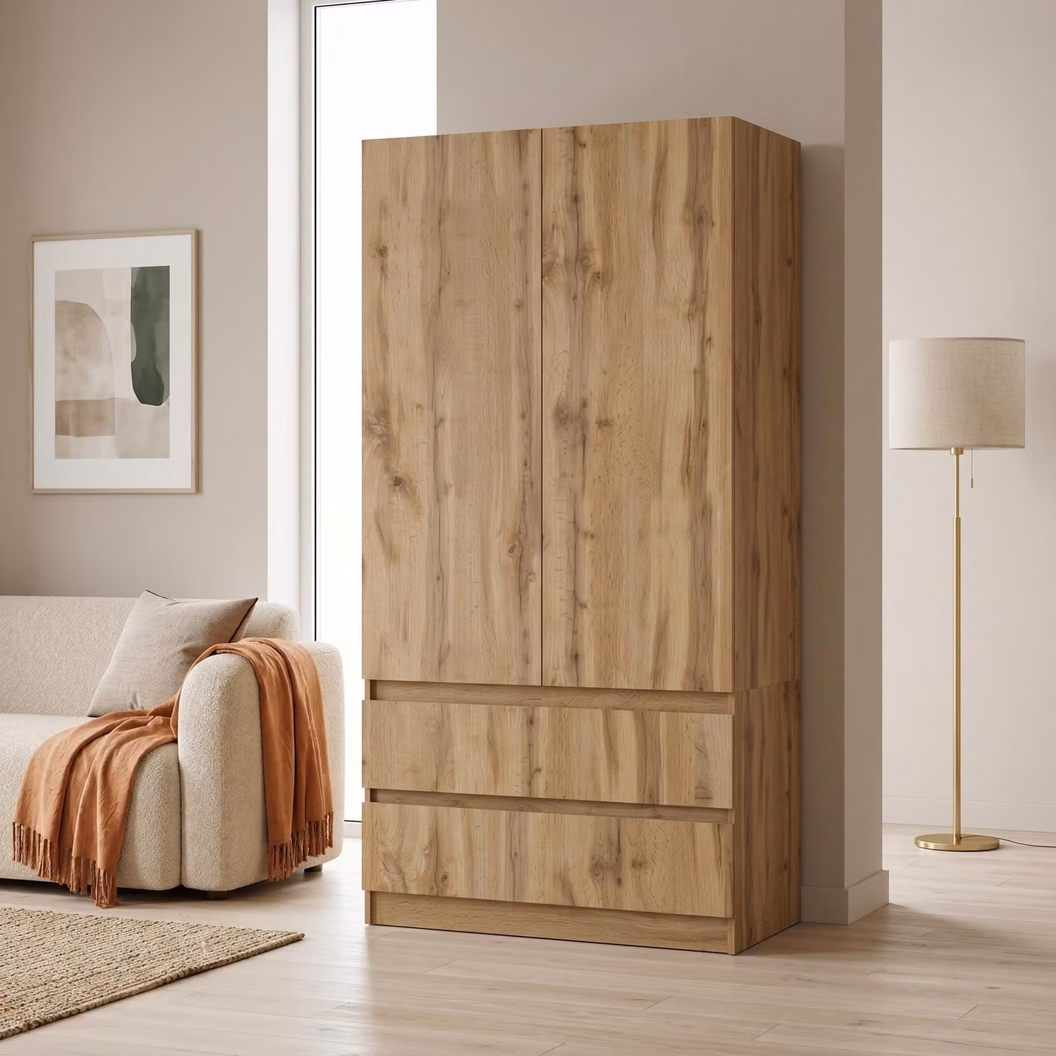 Armadio Novela, Wotan a 2 ante | Armadio moderno per camera da letto 90 x 180 x 50 cm | Armadio guardaroba per ingresso e camera dei bambini, capiente