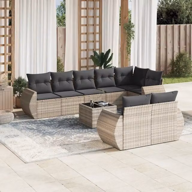 Set Divano da Giardino 9pz con Cuscini Grigio Chiaro Polyrattan 3221631