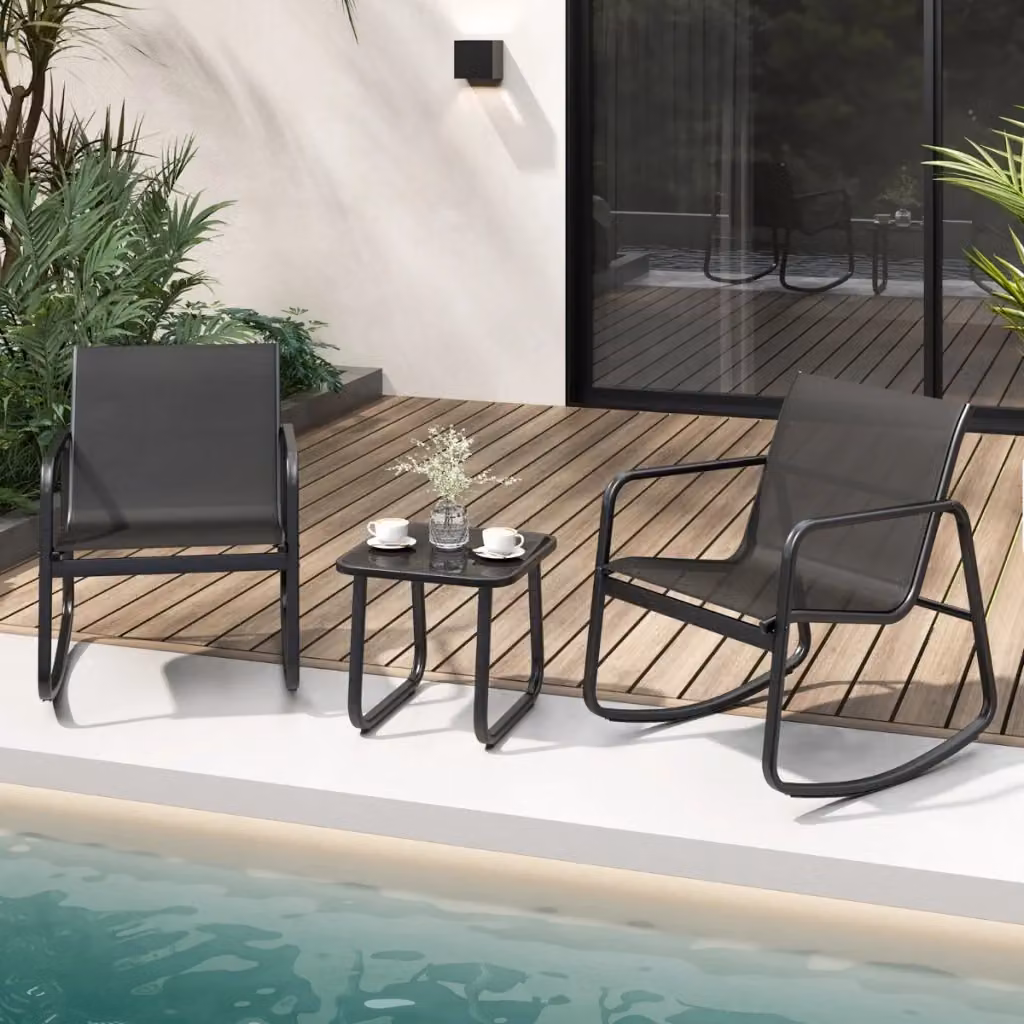 Set da giardino Design Mania composto da 2 sedie bistrot a dondolo e tavolo con piano in vetro nero opaco – 2